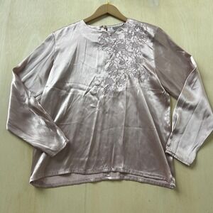 Vintage Karen Scott Blouse Womens 6 Pink Satin Floral Embroidered Long Sleeve
